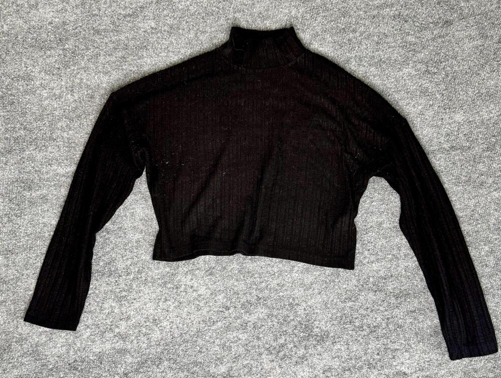 Topshop Sweater Womens 6 Black Ribbed Knit Mock Neck Long Sleeve Cropped